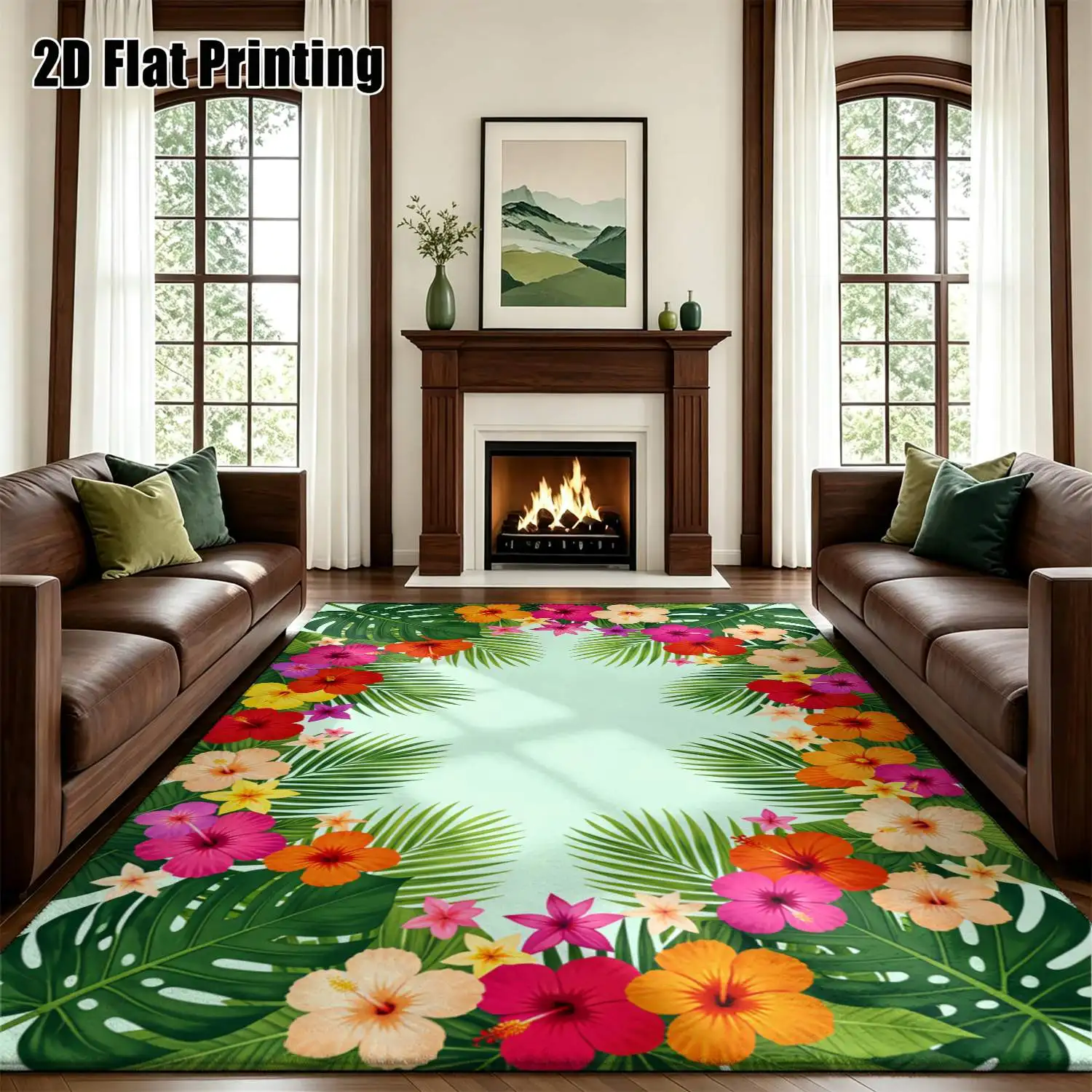 1Pc 2D Printed Carpet: Colorful Floral & Palm Leaf Patterns Nordic/Instagram/Modern Minimalist/European/Bohemian Style, Multi-Size, Machine Washable, Ideal for Entryway, Dining Room, Foyer, Bedroom, Living Room as a Home Decor Floor Mat.