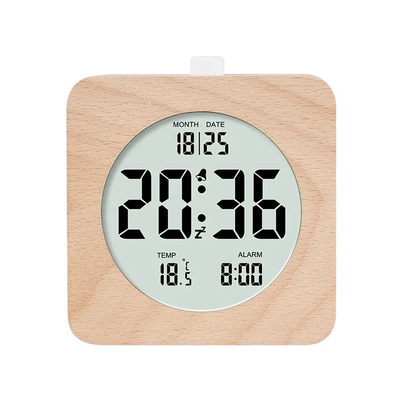 Nordic Style Solid Wood Alarm Clock Simple Wooden Clock Multifunctional LCD Electronic Clock