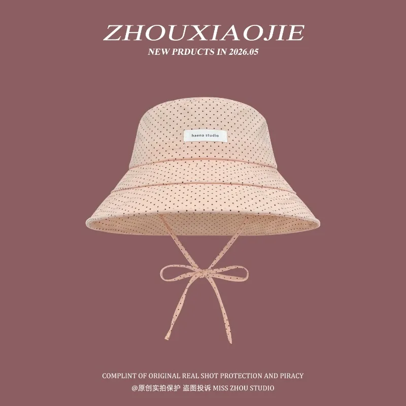 2026 New Polka Dot Strappy Large Brimmed Bucket Hat Korean Version Women's Summer Vacation Sunshade Foldable Sun cap 2
