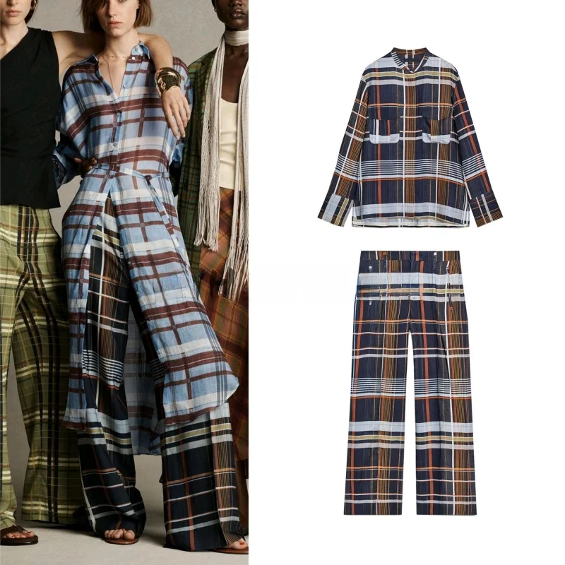 

Женские клетчатые брюки с прямыми штанинами, осенний комплект Faion, повседневные брюки и блузка с длинным светом и воротником-стойкой