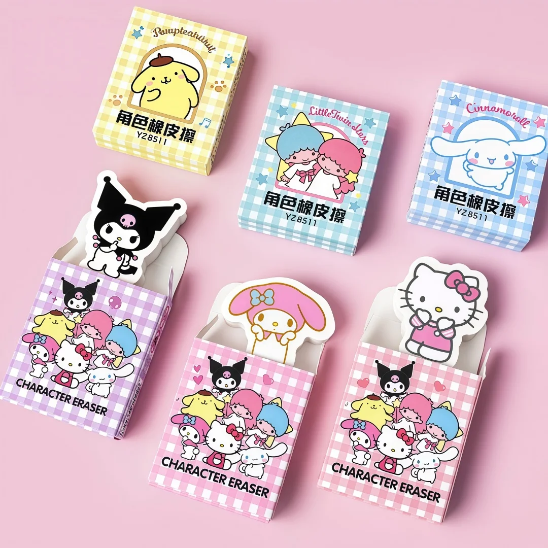6‑Style Sanrio Character Shaped Erasers, Wipes Clean Without Traces, Boxed Cute Stationery for Kids