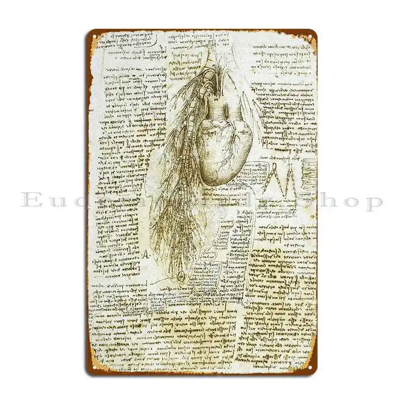 Da Vinci Heart Drawing Metal Plaque Rusty Classic Cinema Designing Iron Tin Sign Poster