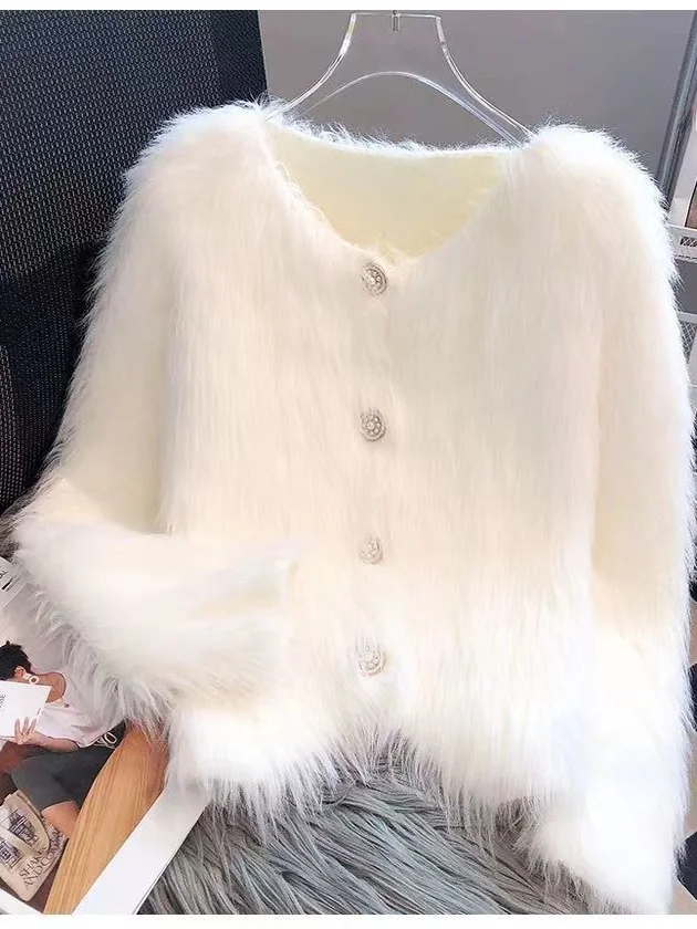 Weiße Nerz gestrickte offene Strickjacke Damen Winter New ort Loose High-End Feeling Pullover Jaet Trendy Ci Walk Commute Sle