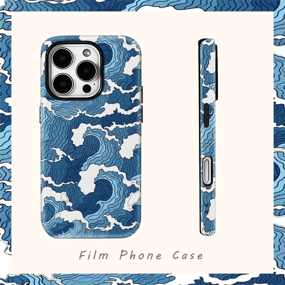 Blaues Ozeanwellen-Design Handyhülle für iPhone 18/17/16/15/14/13/12/11/Pro Max Plus - Doppelschichtige Rückseiten-Schutzhülle