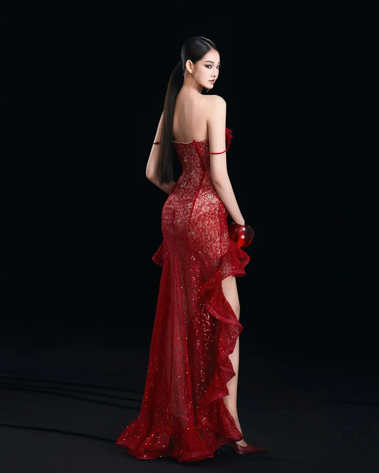 Vestido de noite gótico vermelho, sereia alta-baixa, elegante, vestido de festa com flores de renda embelezadas, lantejoulas, tendência, vestido de camadas