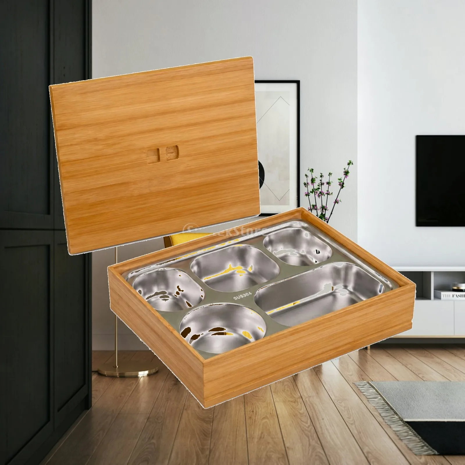 Elegant Meal Container with Bamboo Finish and Steel Tray for Upscale Takeout Dining