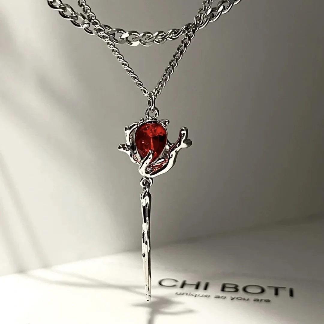 Two Layer Mixed Chain Silver Necklace, Irregular Frame Red Crystal Thorn Pendant Gothic Cool Stack Collarbone Jewelry for Women