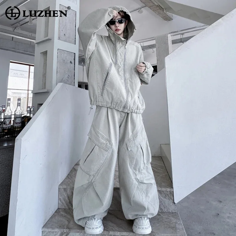 

LUZHEN, оригинальная персонализированная уличная одежда, осень 2021, модные мешковатые карманы, украшенные повседневные брюки, толстовка на молнии с капюшоном, JY4187