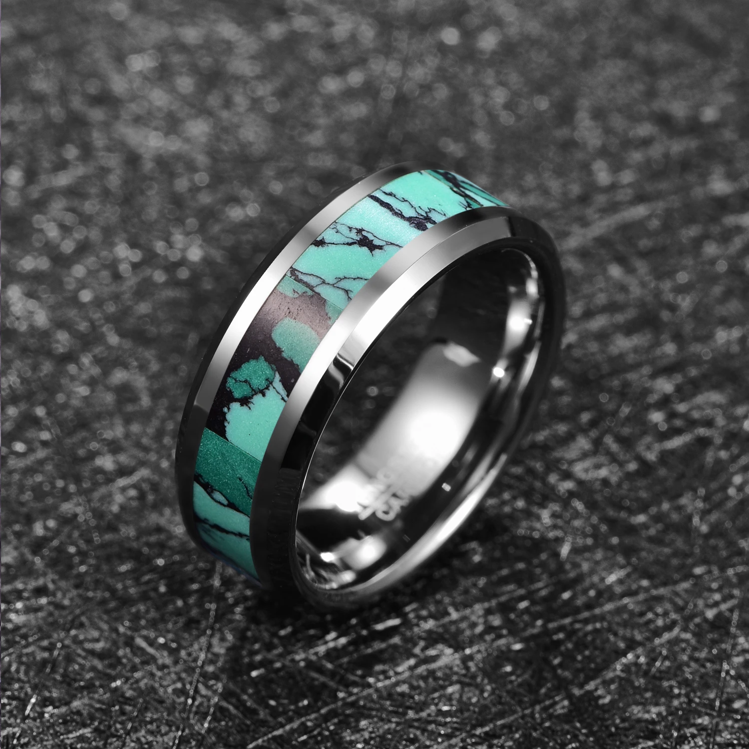 BONLAVIE 8mm Inlaid Artificial Stone Tungsten Steel Ring Green Tungsten Steel Ring Fashion Wedding Rings for Men Size 7-12