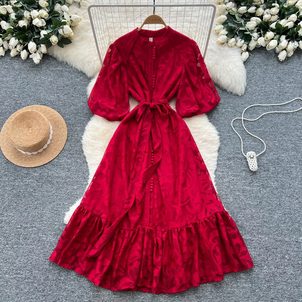 

Autumn Formal Evening Long Dresses Women Half Sleeve Laces Belt Loose Big Size Embroidery Fishtail Dress Birthday Party Vestidos