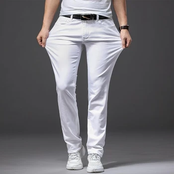 Men White Jeans Elasticity Straight Slim Fit Casual Soft Business Classic Brand Trousers Fashion Advanced Stretch Denim Pants 2