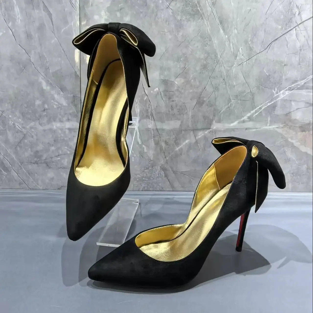 Givencci Black Leather Women Pumps Back Butterfly-Knot Single Shoes Pointed Toe Red Sole Zapatos Mujer High Heels Office Lady