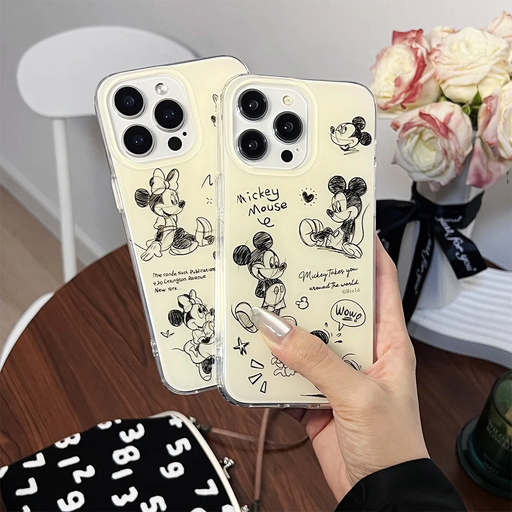 Couple Disney Pencil drawing Cartoon Phone Case for iPhone 12 13 14 15 Pro Max 15pro Mickey Minnie Mouse Cute IMD Cover Funda