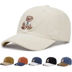 Cute bear embroidered corduroy baseball cap for men and women in autumn and winter outdoor sports events winter warm hats casual