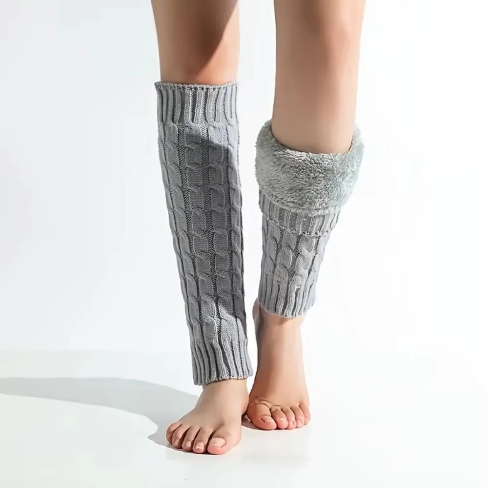 

Twist Pattern Knitting Leg Warmers Double-Layered Fleece-Lined Women Leg Warmers Solid Color Thicken Warm Foot Covers