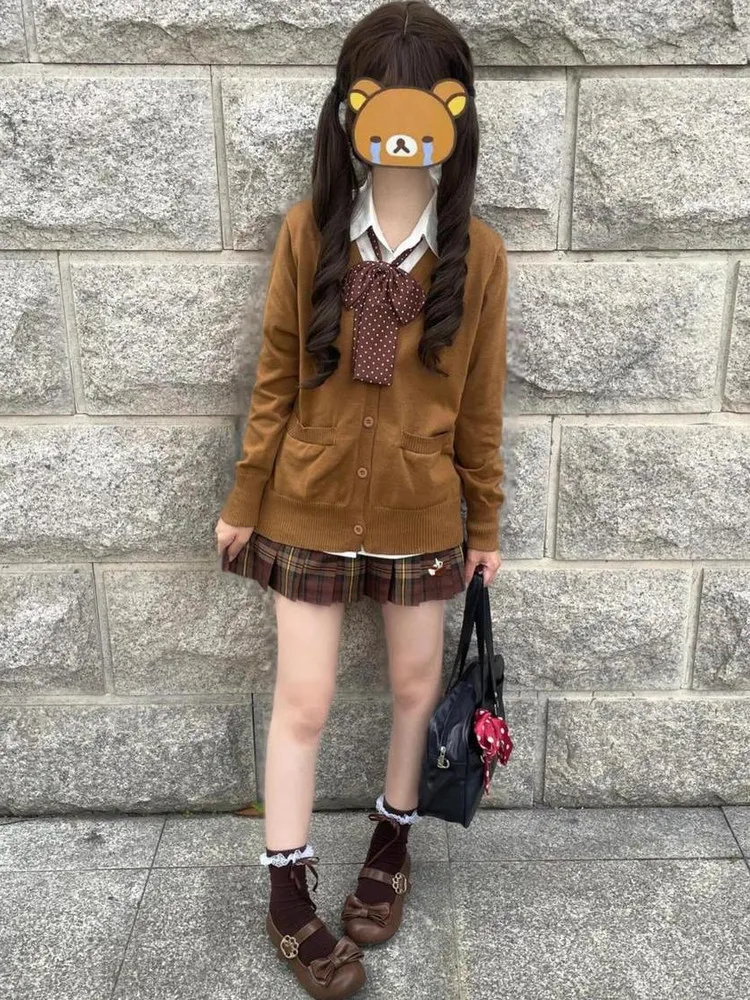 

Милый свитер для колледжа, осенне-зимний комплект кардигана, длинный свеч, многослойный вязаный топ, ансамбль, женская мода