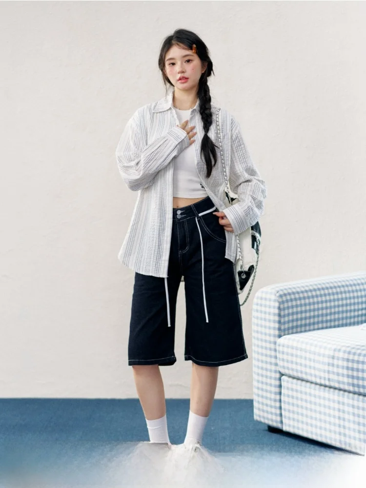 

ELEVEN SP Spring Original Design Long Sve Women's Striped irt Lazy Feel Loose Fit Breathable Comfortable Cotton Blend