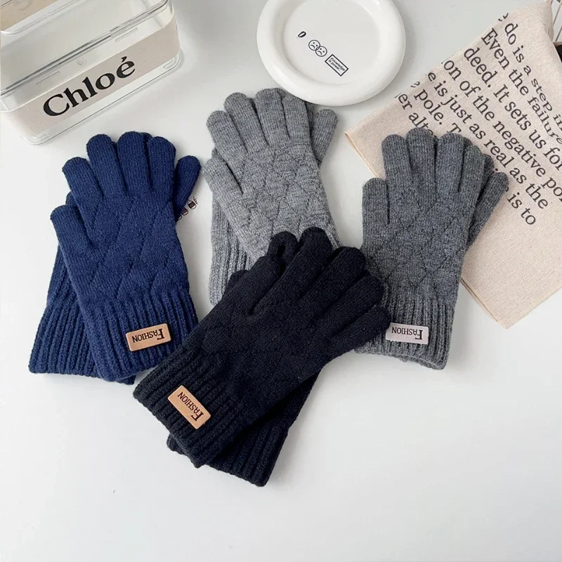 Men\'s Warm Full Finger Gloves Winter Touchscreen Plus Fleece Gloves Woman Thickening Wool Knitted Cycling Driving Gloves