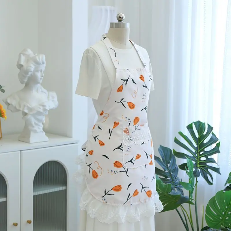 Women Halter Neck Kitchen Apron Poly Cotton Orange Tulip Lace Ruffle Cooking Baking Apron With Pocket Florist Cafe Work Apron