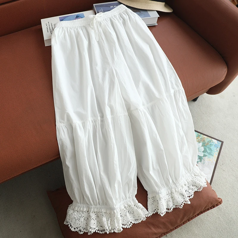Summer Forest-style Mori Girl Bubble Pants Women's Clothing Drawstring Tie Lace Trim Loose And Casual Ankle-length Pants U098