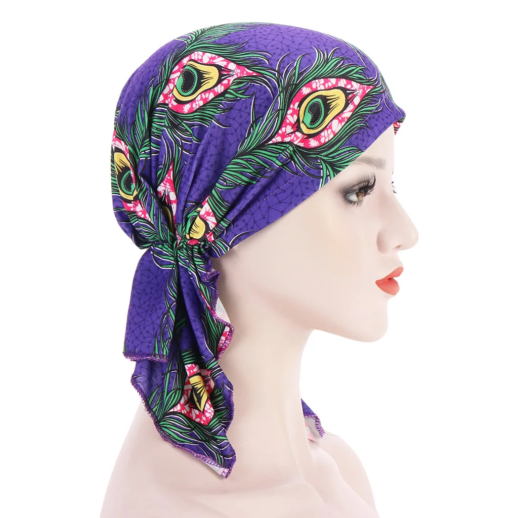 Trendy Flower Paisley Print Turban Hats Boho Long Tail Head Wraps Elastic Hijab Hats Breathable Chemo Cap For Women Girls