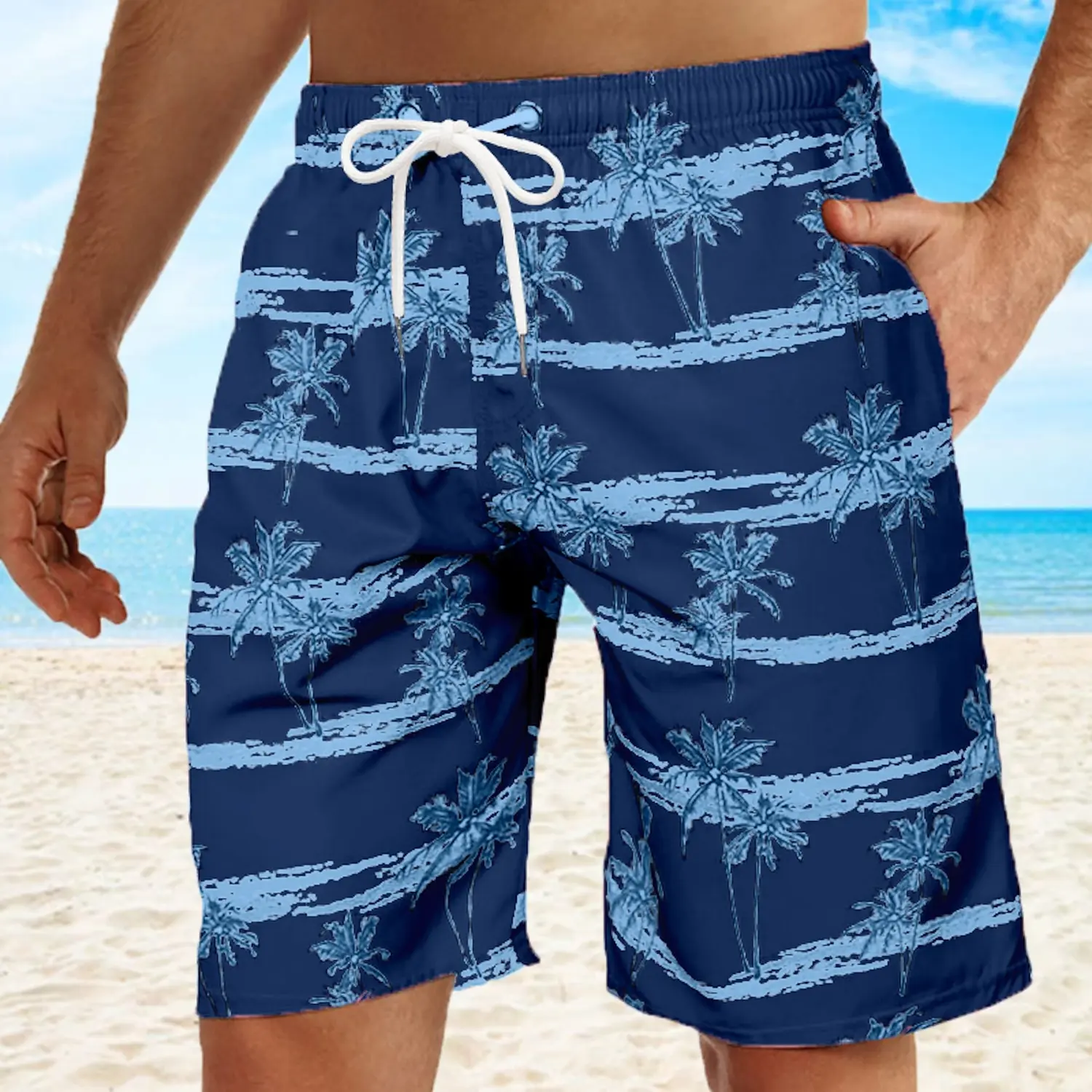 Summer Fashion Mens Swim Shorts Quick Dry Swim Trunks Coconut Tree Hawaiian Shorts Board Shorts Waterproof Beach Swimwear