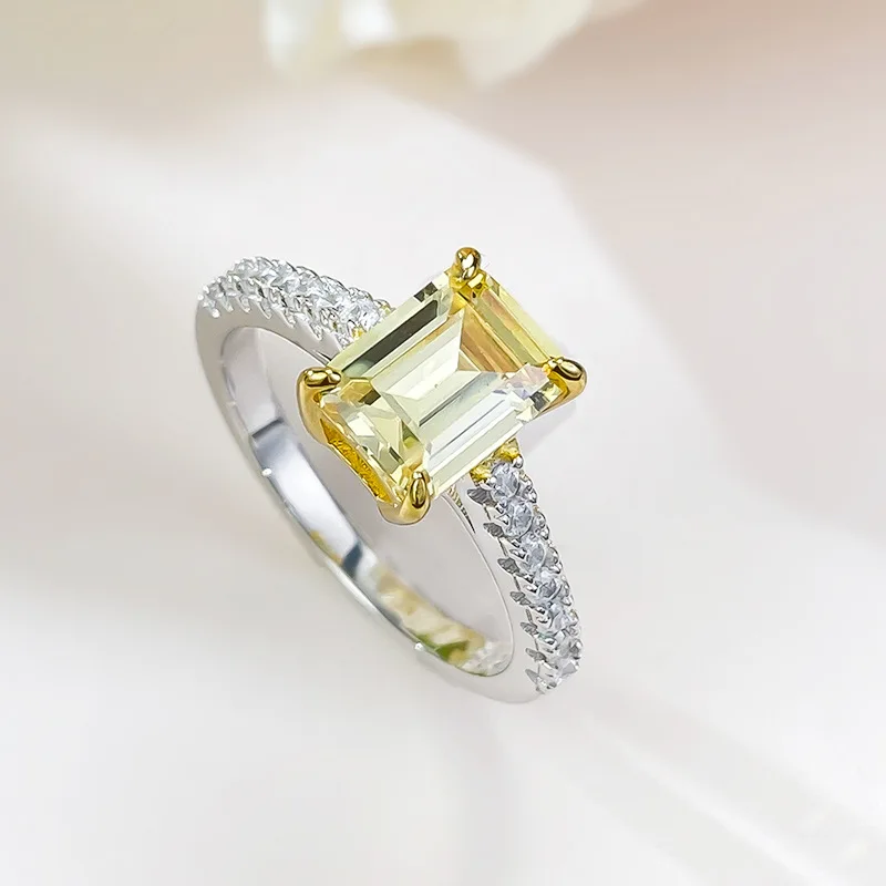 S925 Pure Silver Colored Diamond Yellow Treasure Simulation Diamond 1.5 Carat Pagoda Ring European and American Style Ring