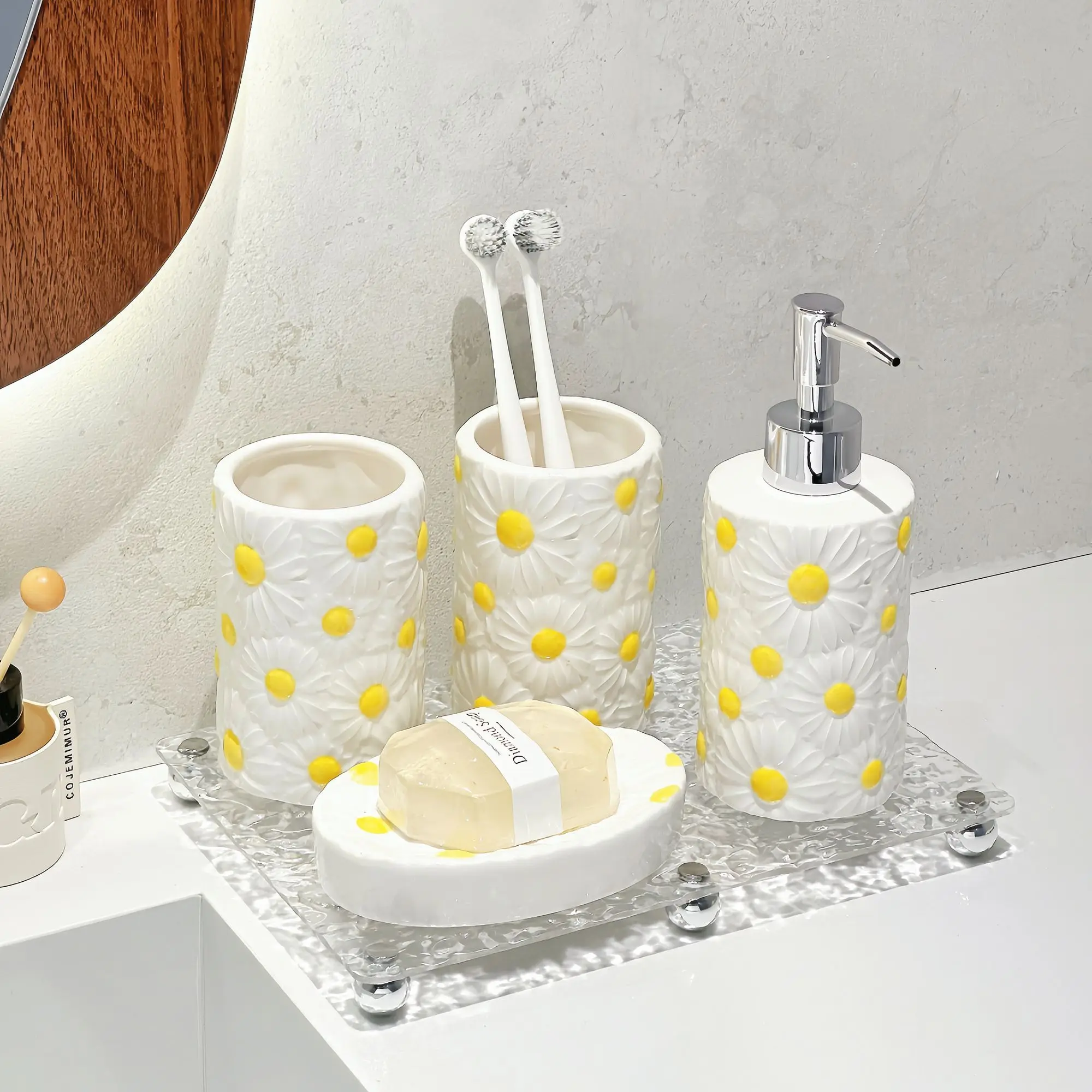 

Nordic Yellow Chrysanthemum Ceramic Bathroom Set with Pump Soap Dispenser Rinsing Cup Soap Dish Modern Rinsing Cup Lotion Bottle