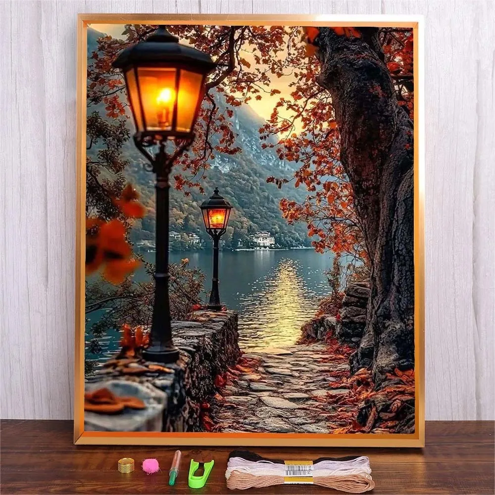 

Hand Embroidery Kit For Beginners Cotton Thread Needlework Embroidery Cross Stitch Set Home Decor Autumn Tree Lake Scenery Art