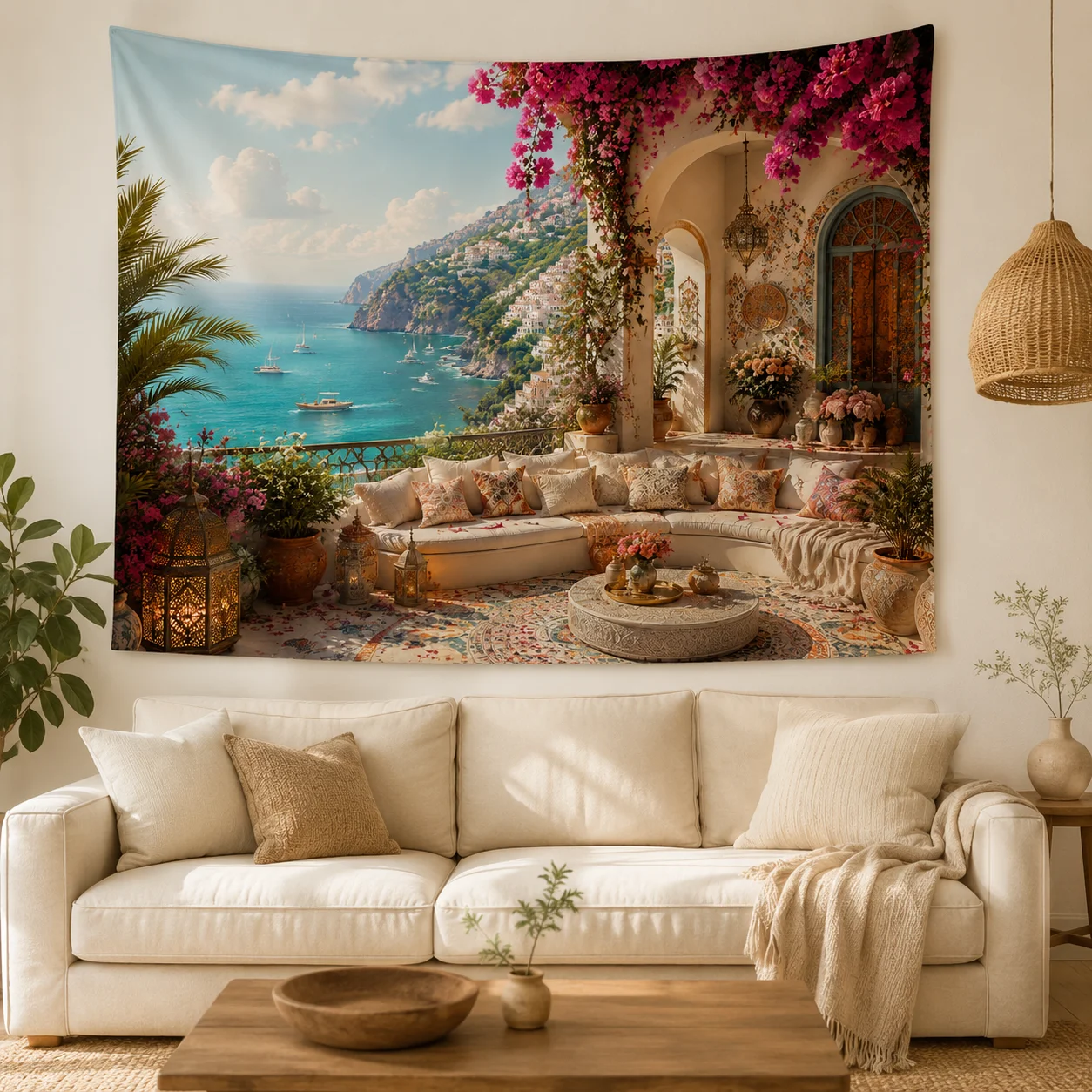 Boho Coastal Landscape Tapestry Italian Amalfi Coast Sea View Wall Hanging Floral Scenery Wall Cloth Dorm Home Decoration