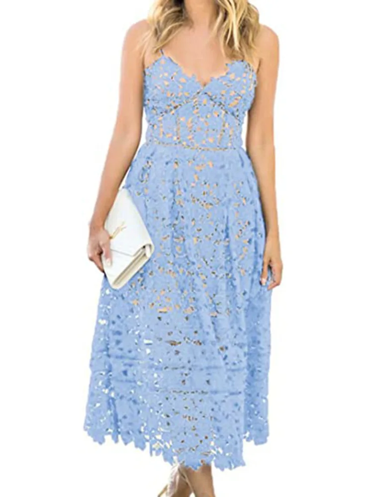 

Elegant Lace Hollow-Out Slim Fit Spaghetti Strap Dress | Sexy Jazz Dance Costume for Stage Performance & Evening Events Vestidos