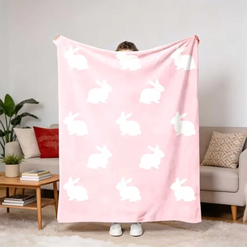 Cute Cartoon White Bunny Throw Blanket Pale Pink Base Soft Warm Blanket For Bedroom Sofa Living Room Daily Home Decor