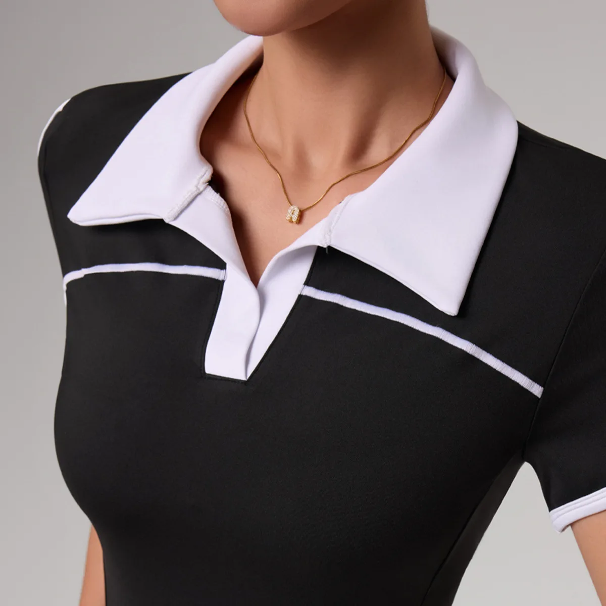 Women Black White Color Block Polo Collar Short Sleeve Buttery Soft Loose Fit Athletic Top For Summer Yoga Fitness Workout
