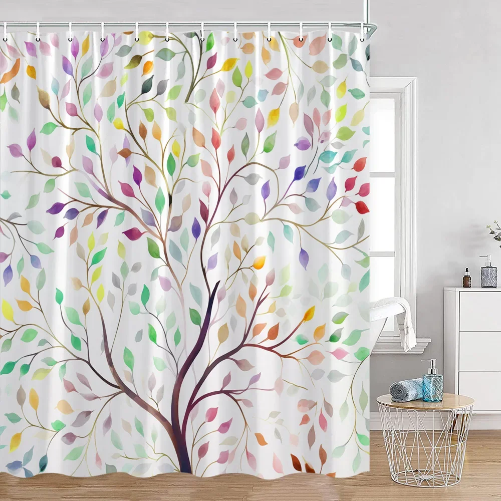 Colored Leaves Trees Shower Curtain Watercolor Plants Flowers Butterflies Bathroom Decorations Spring Greenery Bathtub Curtain