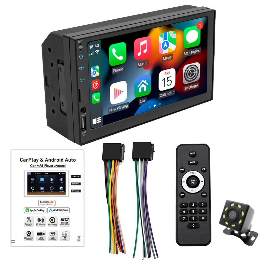 

2DIN автомобильная мультимедийная магнитола MP5 с проводным CarPlay и Android Auto, 7-дюймовый сенсорный экран, FM, AUX-вход, Bluetooth, поддержка камеры