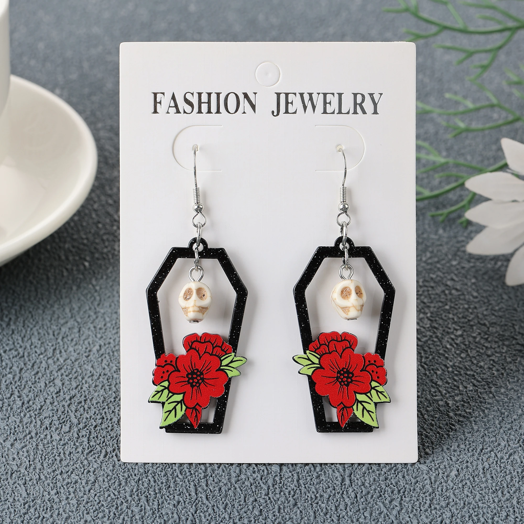 1Pair Halloween Gothic  Style Coffin With Rose Skull Drop Earring Two Side Print Acrylic Fashion Jewelry Gift