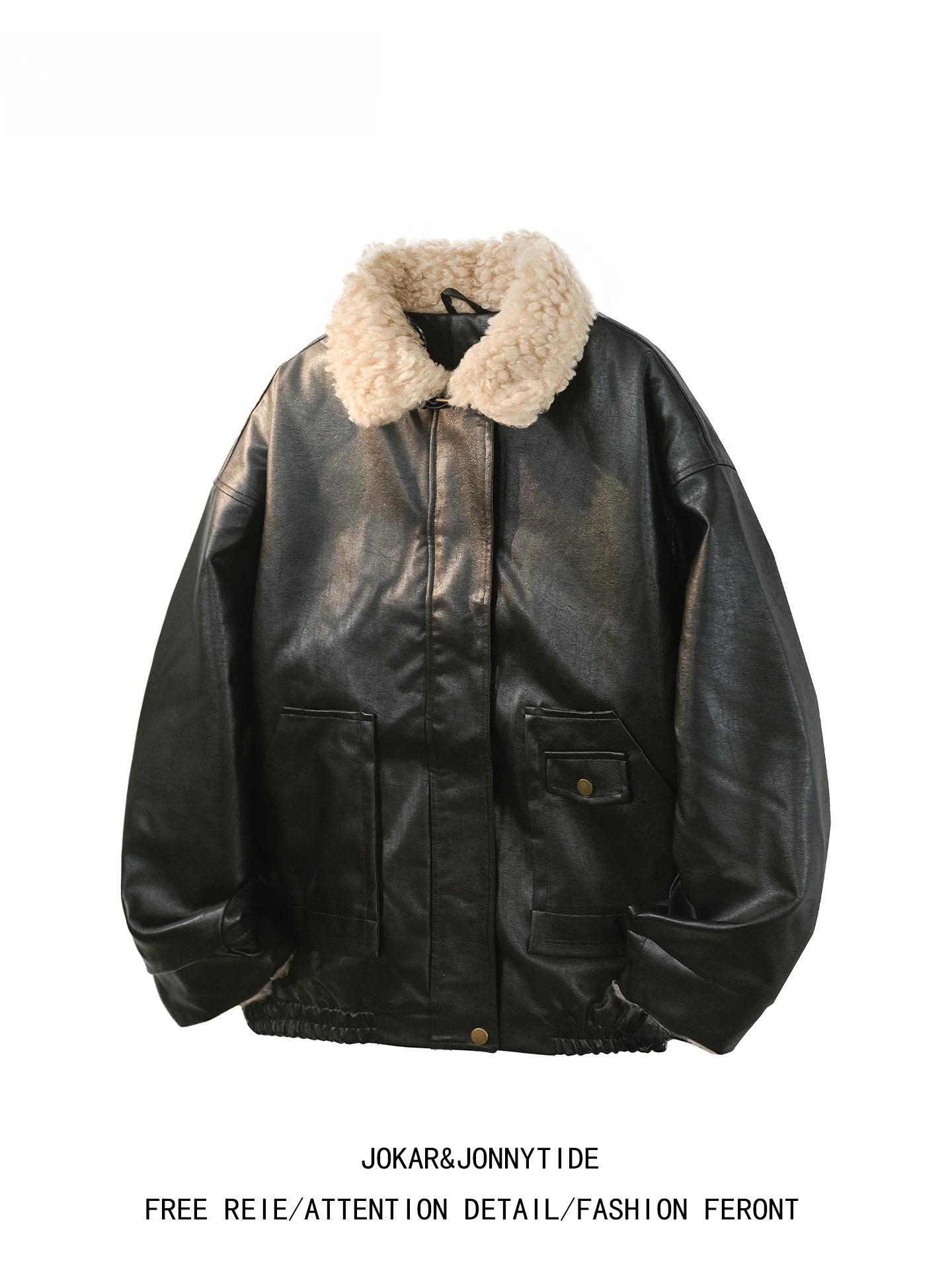 

JOKARJONNY American Retro Lamb Fur Collar PU Leather Cotton Jaet Men Winter Thiened Motorcycle Jaet Youth Trend Loose Fit