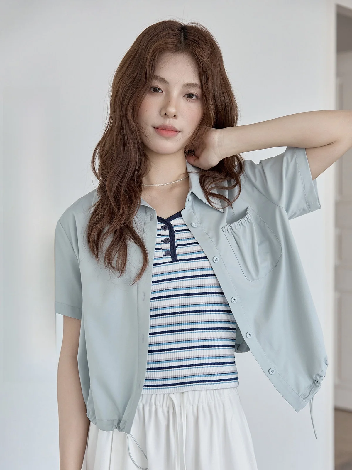 

Blue Women's Shirt Summer 2026 New Drawstring Pleated Design Versatile Chic Short Sleeve Blouse Korean Style Loose Fit Breath...