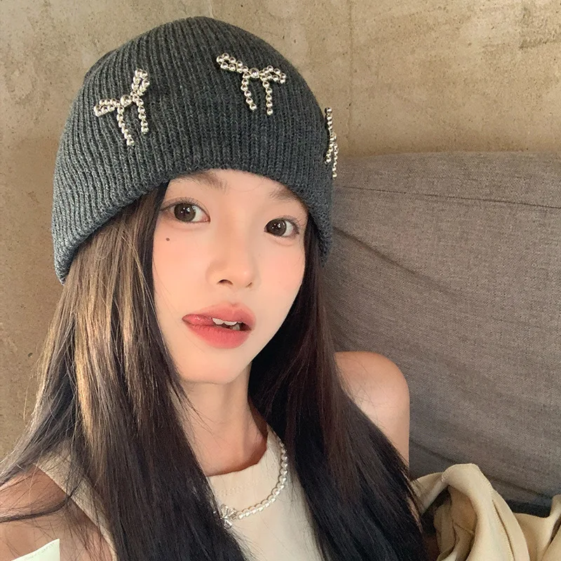 Women Pearl Bow Knitted Cuffed Beanie Winter Hat for Women Stretch Ribbed Fluffy Angora Soft  Casual Stacking Knitted Bonnet Cap