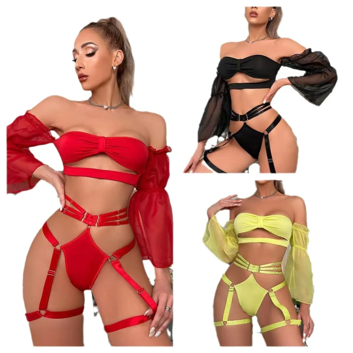 

Женское Новое Сексуальное нижнее белье без бретелек, прозрачное сексуальное нижнее белье с подвязками, комплект из трех предметов