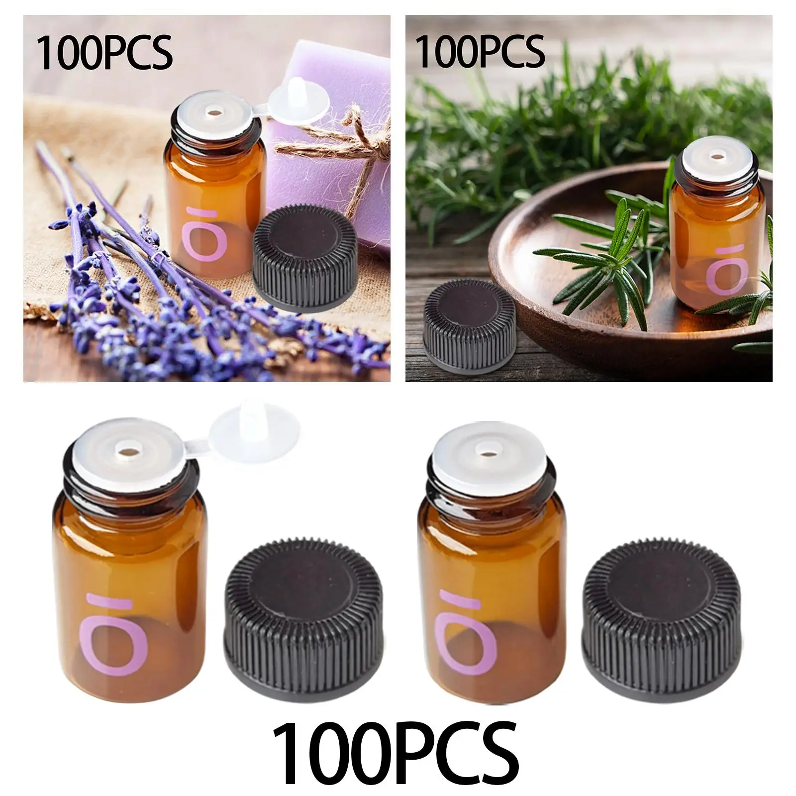 100Pcs Essential Oil Bottles Container Reusable Mini with Cap Amber Color Glass Vials