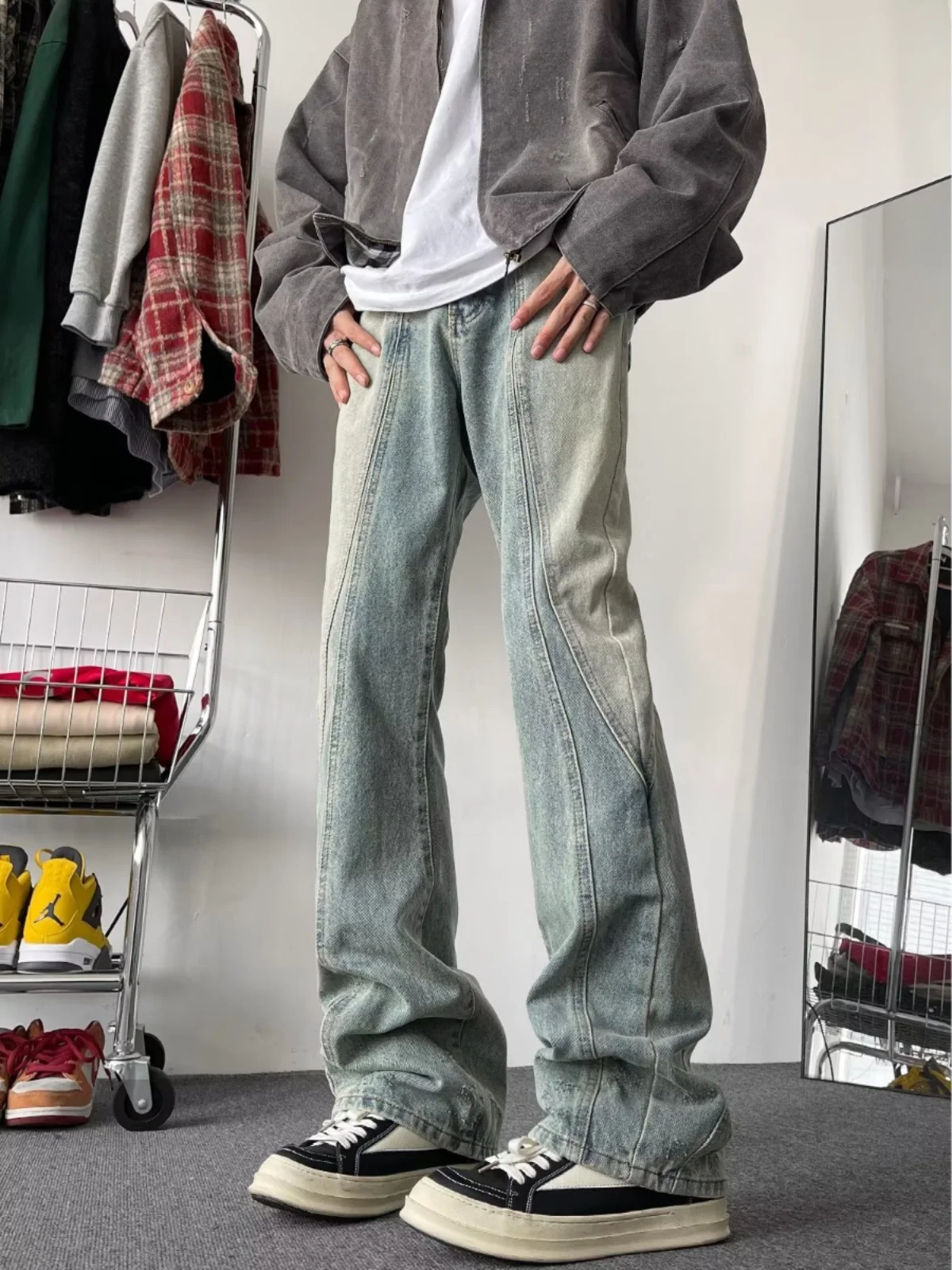 

Retro American Workwear Jeans Men's Autumn Winter Waed Straight Leg Vibe High Street Micro Flared Patchwork adient Pants