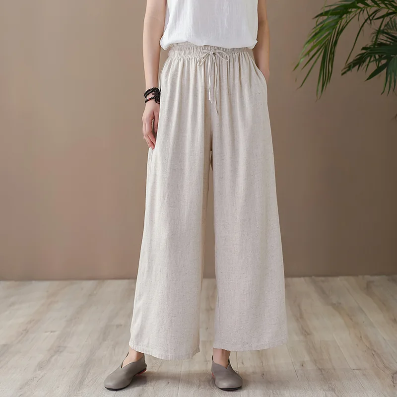 Johnature 2024 Summer New Loose  Solid Color Pockets Elastic Waist Wide Leg Pants Women Cotton Linen Ankle-length Pants