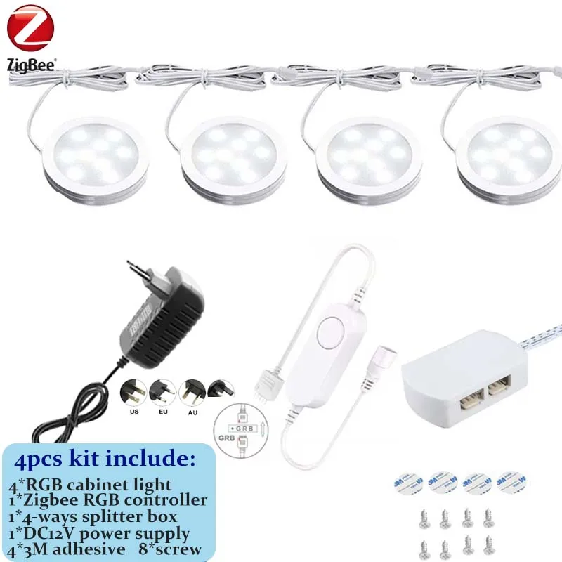 DC12V Tuya Zigbee LED Ronde Onder Kast Licht Kit RGB Kleurverandering Dimmen voor Keuken Plank, Spraakbesturing Google Alexa Echo