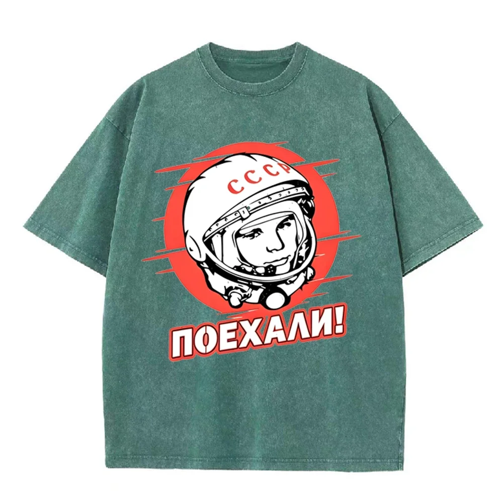 2026 CCCP Soviet Astronaut Gagarin Poekhali Vintage Retro Graphic Black Washed T Shirt USSR Space History Casual Oversized Unise