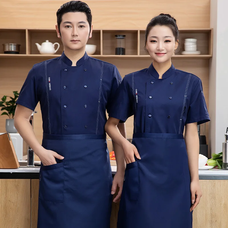 Kitchen Chef Overalls Men's Chef Uniform Short-Sleeved Summer Breathable Summer Clothing Short-Sleeved Restaurant Chef Hotel Cat