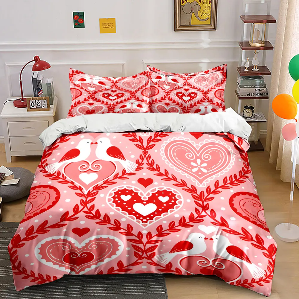 Hearts and Lovebirds Pattern Pattern Duvet Cover Set Digital Print Colorful Polyester Bedding with Zipper Closur for kids gifts