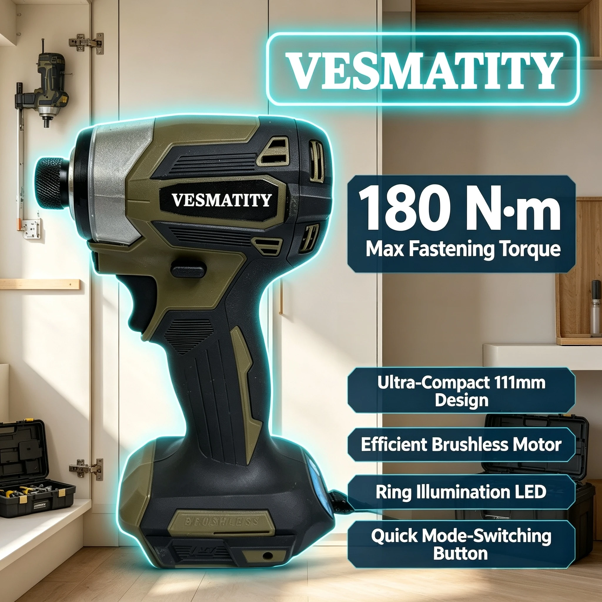 Vesmatity DTD173 180Nm Impact Driver Brushless Cordless 1800RPM T-Mode Heavy Duty Drill for 18V 20V Battery Max Plus HD