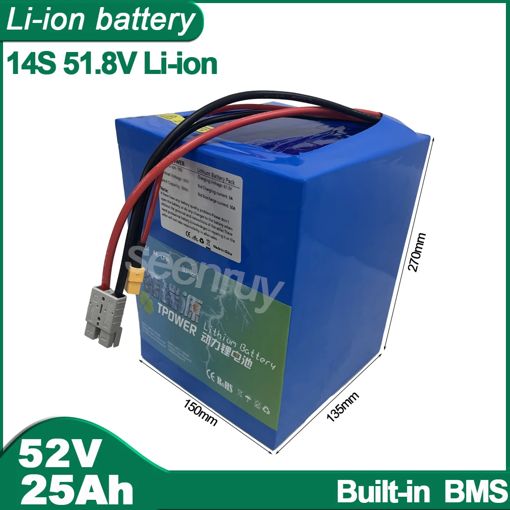 52V 25Ah 14S Li ion With Charger 30A 50A Lithium Polymer Battery Pack Perfect For Tricycle E-bike Bicycle MotorCycle Scooter