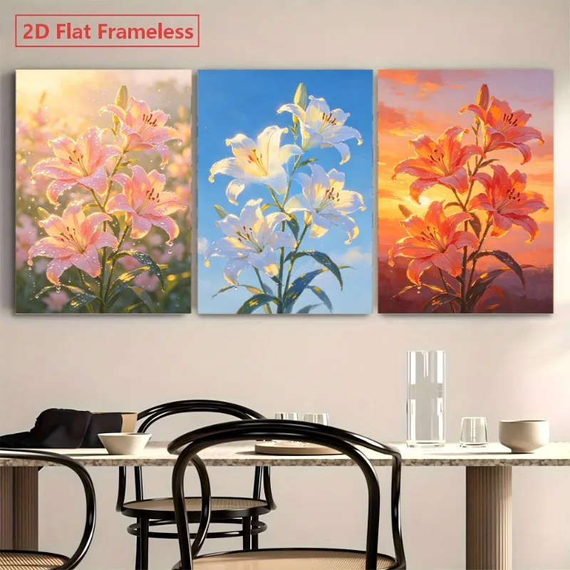2D Flat, 3pcs Modern Minimalist Pink White Orange Lilies Canvas Wall Art - Horizontal Retro Floral Trio Panel Suitable for Li